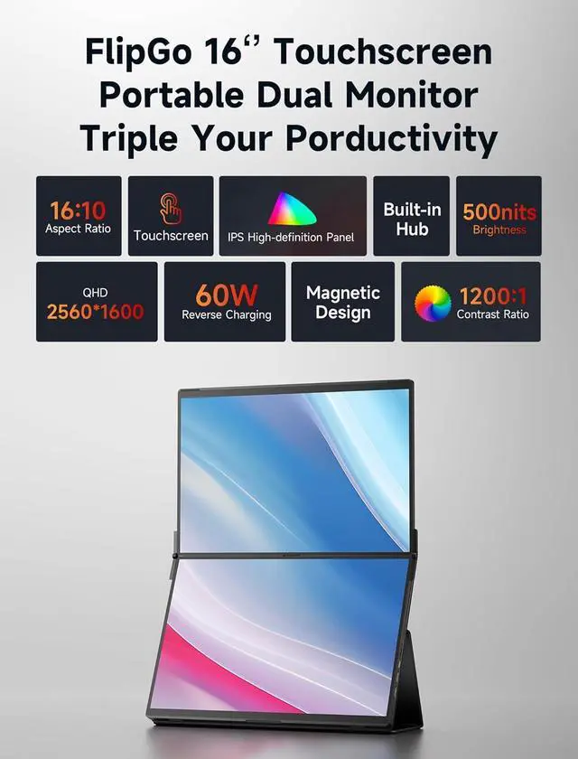 Alt view image 6 of 6 - 6" 2.5K Dual Touchscreen Portable Monitor, Triple Laptop Touch IPS Screen Extender | HiDPI Display | One Cable to Dual Screen | Built-in HUB | Magnetic Design for Windows