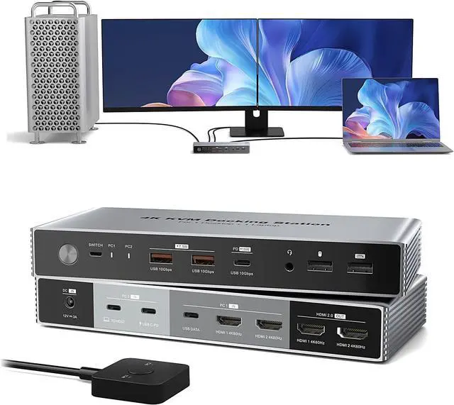 Main image of Dual Monitor KVM Switch Docking Station 4K@60Hz for 2 Computers 2 Monitors, PC Keyboard Video Mouse Switch Selector Dock with USB C 7.5W and 15W PD Charging