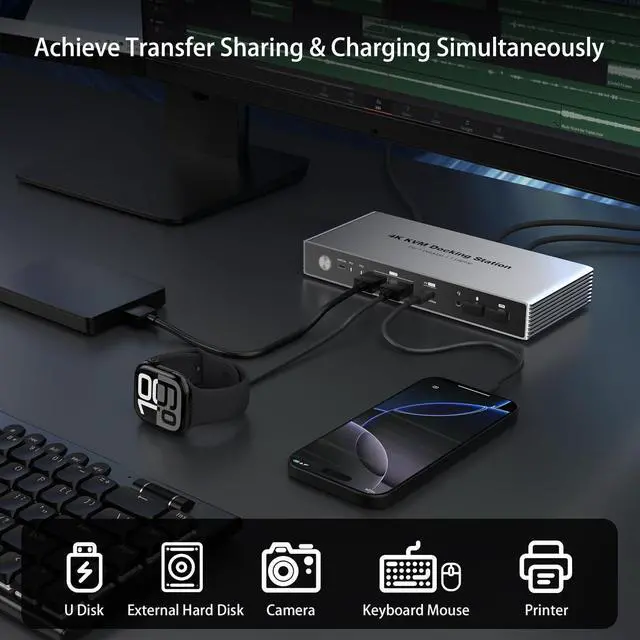 Alt view image 3 of 7 - Dual Monitor KVM Switch Docking Station 4K@60Hz for 2 Computers 2 Monitors, PC Keyboard Video Mouse Switch Selector Dock with USB C 7.5W and 15W PD Charging