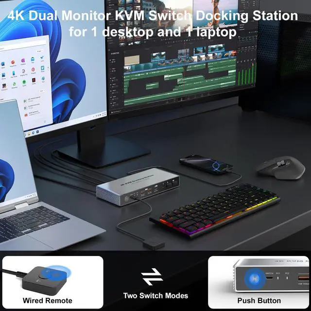 Alt view image 7 of 7 - Dual Monitor KVM Switch Docking Station 4K@60Hz for 2 Computers 2 Monitors, PC Keyboard Video Mouse Switch Selector Dock with USB C 7.5W and 15W PD Charging