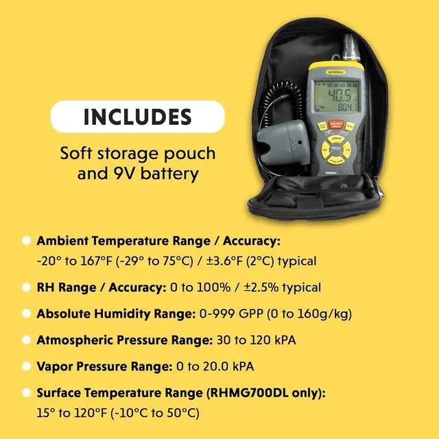 Alt view image 6 of 6 - General Tools 9-In-1 Thermo-Hygrometer with Pin/Pinless Moisture Meter