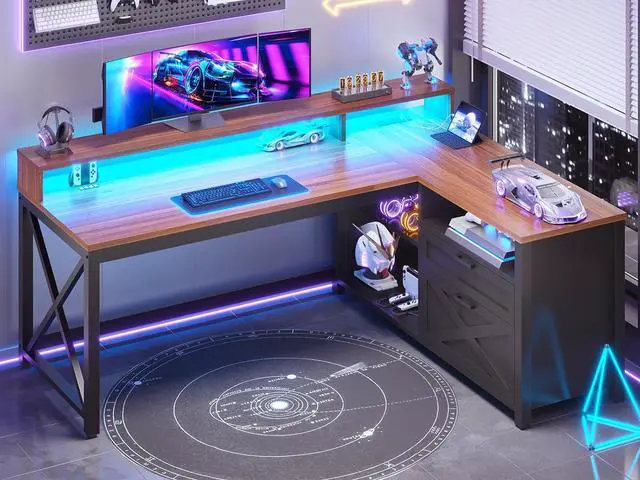 Main image of 55" L Shaped Office Desk, Farmhouse Corner Gaming Desk with LED Lights and Power Outlet, Home Office Desk with Drawers, Storage Shelves and Monitor Shelf, Black Brown