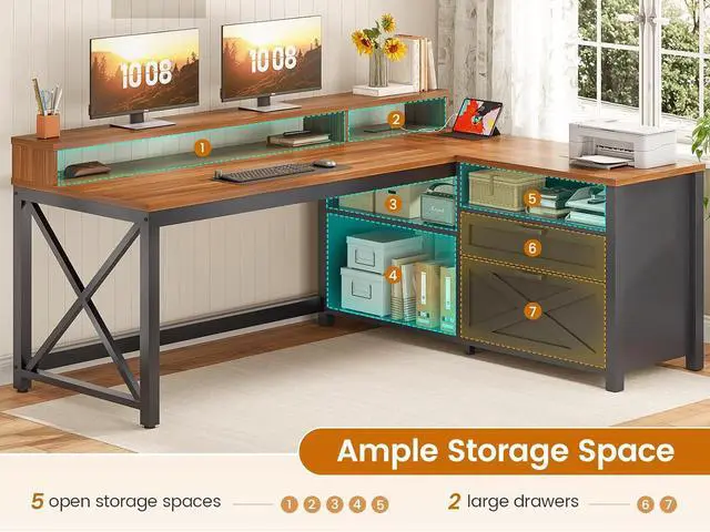 Alt view image 7 of 7 - 55" L Shaped Office Desk, Farmhouse Corner Gaming Desk with LED Lights and Power Outlet, Home Office Desk with Drawers, Storage Shelves and Monitor Shelf, Black Brown