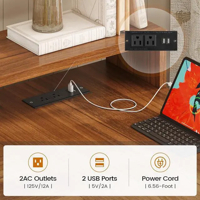 Alt view image 3 of 7 - 55" L Shaped Office Desk, Farmhouse Corner Gaming Desk with LED Lights and Power Outlet, Home Office Desk with Drawers, Storage Shelves and Monitor Shelf, Black Brown