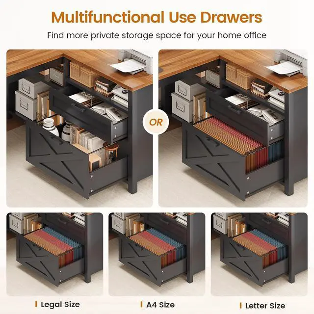 Alt view image 5 of 7 - 55" L Shaped Office Desk, Farmhouse Corner Gaming Desk with LED Lights and Power Outlet, Home Office Desk with Drawers, Storage Shelves and Monitor Shelf, Black Brown