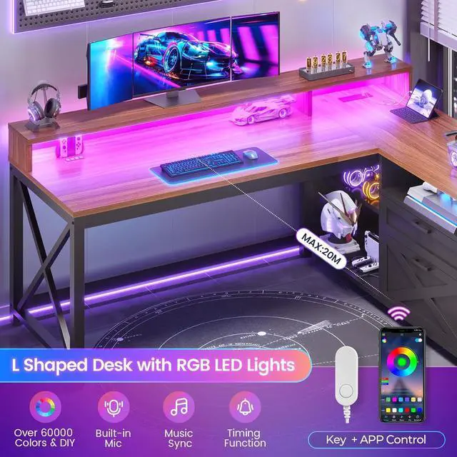 Alt view image 4 of 7 - 55" L Shaped Office Desk, Farmhouse Corner Gaming Desk with LED Lights and Power Outlet, Home Office Desk with Drawers, Storage Shelves and Monitor Shelf, Black Brown