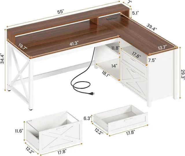 Alt view image 2 of 7 - 55" L Shaped Office Desk, Farmhouse Corner Gaming Desk with LED Lights and Power Outlet, Home Office Desk with Drawers, Storage Shelves and Monitor Shelf, White Brown