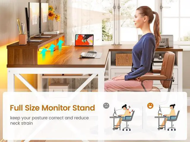 Alt view image 5 of 7 - 55" L Shaped Office Desk, Farmhouse Corner Gaming Desk with LED Lights and Power Outlet, Home Office Desk with Drawers, Storage Shelves and Monitor Shelf, White Brown