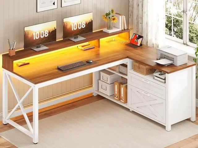 Main image of 55" L Shaped Office Desk, Farmhouse Corner Gaming Desk with LED Lights and Power Outlet, Home Office Desk with Drawers, Storage Shelves and Monitor Shelf, White Brown