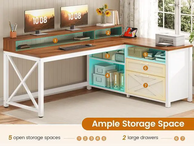 Alt view image 7 of 7 - 55" L Shaped Office Desk, Farmhouse Corner Gaming Desk with LED Lights and Power Outlet, Home Office Desk with Drawers, Storage Shelves and Monitor Shelf, White Brown