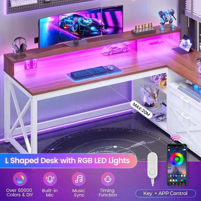 Alt view image 6 of 7 - 55" L Shaped Office Desk, Farmhouse Corner Gaming Desk with LED Lights and Power Outlet, Home Office Desk with Drawers, Storage Shelves and Monitor Shelf, White Brown