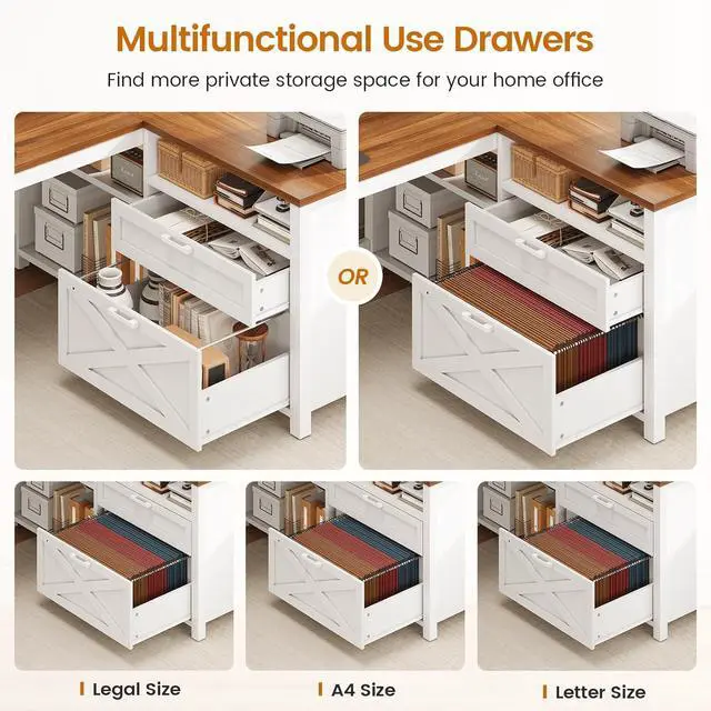Alt view image 3 of 7 - 55" L Shaped Office Desk, Farmhouse Corner Gaming Desk with LED Lights and Power Outlet, Home Office Desk with Drawers, Storage Shelves and Monitor Shelf, White Brown