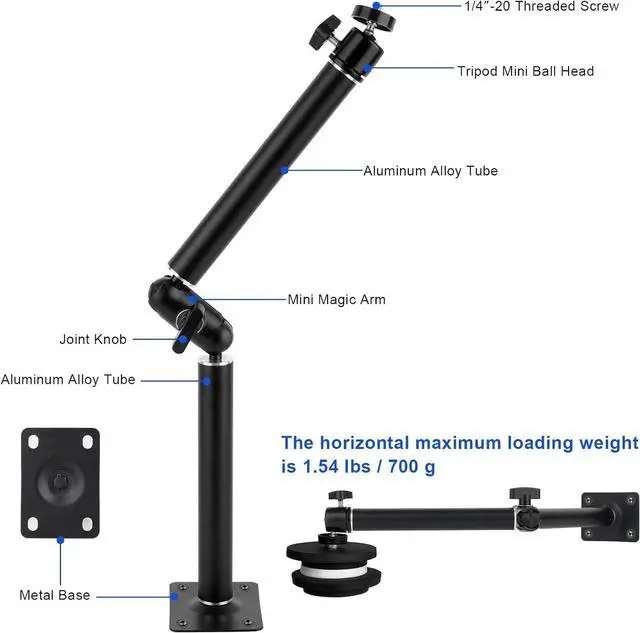 Alt view image 3 of 7 - Articulating Wall Mount Camera Arm with 1/4 inch-20 Threaded Compatible with Digital/Security/Webcam/CCTV POV Camcorder/Video Light/Small Cameras,Adjustable Aluminium Alloy Arm