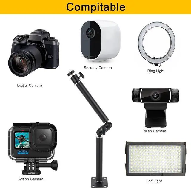 Alt view image 7 of 7 - Articulating Wall Mount Camera Arm with 1/4 inch-20 Threaded Compatible with Digital/Security/Webcam/CCTV POV Camcorder/Video Light/Small Cameras,Adjustable Aluminium Alloy Arm