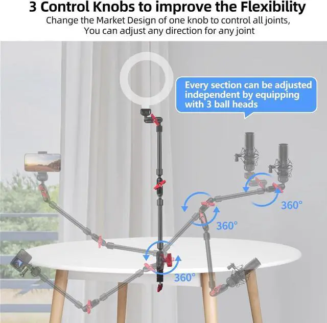 Alt view image 4 of 7 - 22in Magic Arm with Clamp, Long Articulating Arm Camera Mount, Adjustable Phone Mount Holder 360° Rotation, Mic Arm for Microphone, LED Lights, for iPhone, Tripod, Desk, Table