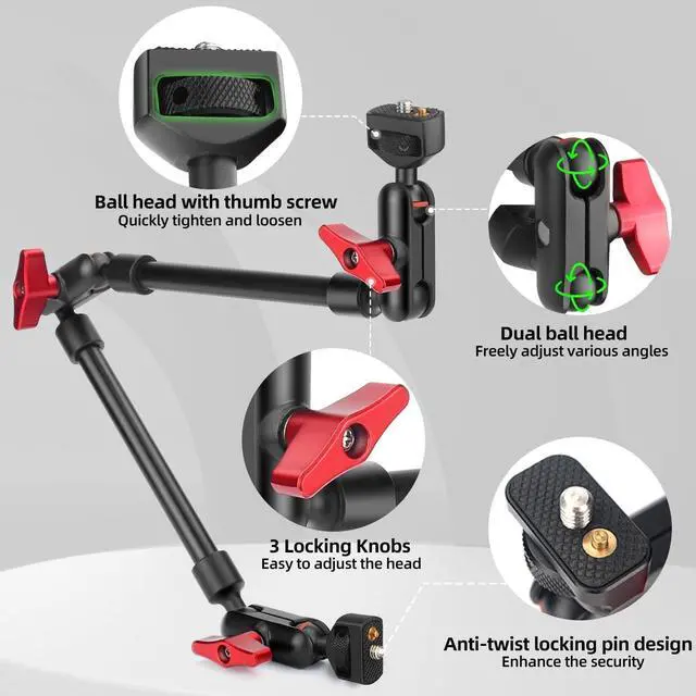 Alt view image 7 of 7 - 22in Magic Arm with Clamp, Long Articulating Arm Camera Mount, Adjustable Phone Mount Holder 360° Rotation, Mic Arm for Microphone, LED Lights, for iPhone, Tripod, Desk, Table