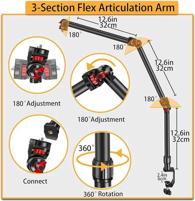 Alt view image 4 of 7 - Overhead Camera Mount Desk Stand, 3-Section Flexible Detachable Articulating Arm with 1/4 3/8" 5/8" Screw&360° Ball Head, C-clamp Tabletop Mount for DSLR Camera/Webcam/Microphone/Lights