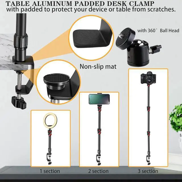 Alt view image 3 of 7 - Overhead Camera Mount Desk Stand, 3-Section Flexible Detachable Articulating Arm with 1/4 3/8" 5/8" Screw&360° Ball Head, C-clamp Tabletop Mount for DSLR Camera/Webcam/Microphone/Lights