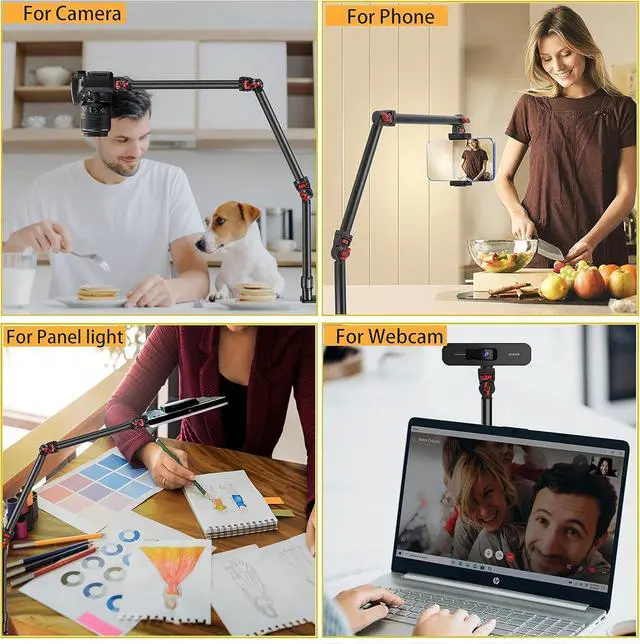 Alt view image 5 of 7 - Overhead Camera Mount Desk Stand, 3-Section Flexible Detachable Articulating Arm with 1/4 3/8" 5/8" Screw&360° Ball Head, C-clamp Tabletop Mount for DSLR Camera/Webcam/Microphone/Lights