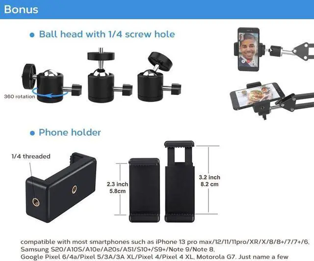 Alt view image 3 of 6 - Overhead Tripod Mount for Camera Webcam Ring Light, Flexible Over Head Arm for iPhone with Phone Holder and Ball Head, Table Stand Accessory for Phone Video Recording Live Stream
