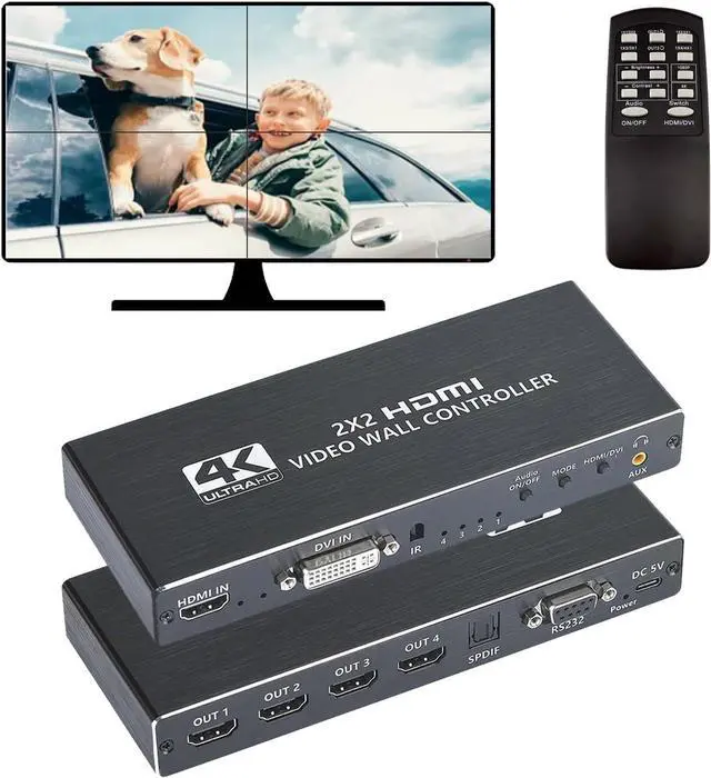 Main image of Video Wall Controller, 4K 2X2 TV Wall Processor with HDMI+DVI+RS232 Input, Support 180° Rotate, 4 HDMI Output Support Images Stitching 1x2 1x3 1x4 4x1 etc