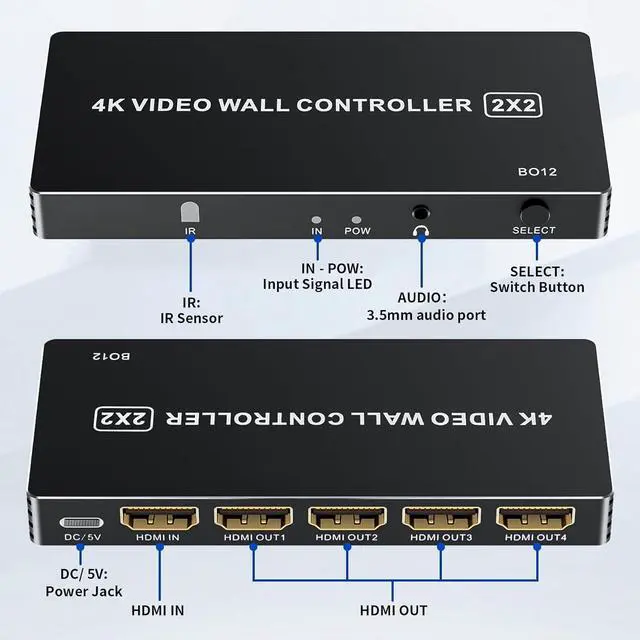 Main image of 4K HDMI Video Wall Controller 2x2,  TV Wall Processor with 8 Splicing Modes, 180° Rotate, 3.5mm Audio Extractor, IR Remote, 2x2, 1x2, 1x3, 1x4, 2x1, 3x1, 4x1, 4 TV Screen into 1 Wall Display