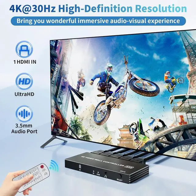 Alt view image 2 of 7 - 4K HDMI Video Wall Controller 2x2,  TV Wall Processor with 8 Splicing Modes, 180° Rotate, 3.5mm Audio Extractor, IR Remote, 2x2, 1x2, 1x3, 1x4, 2x1, 3x1, 4x1, 4 TV Screen into 1 Wall Display