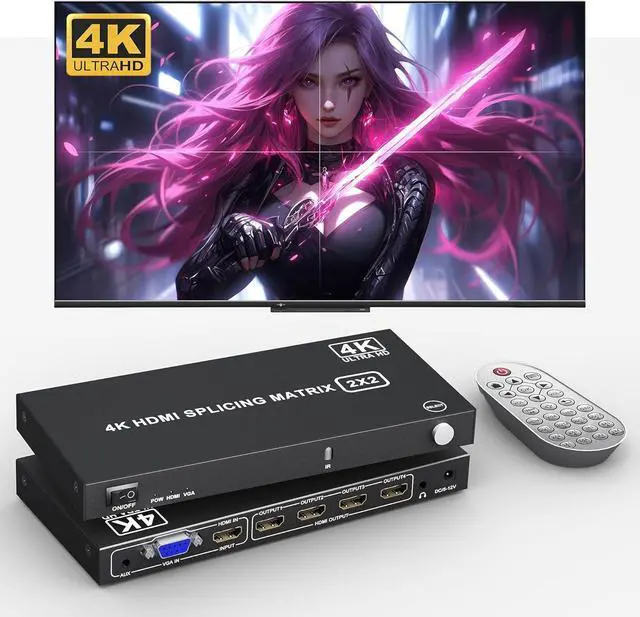 Main image of 4K Video Wall Controller 2x2 TV Wall Controller 4x1 - HDMl Video Wall Processor with Remote, 8 Splicing Modes, HDMI/VGA Inputs, Splicing Display for 4 TV Screens into 1 Wall Display