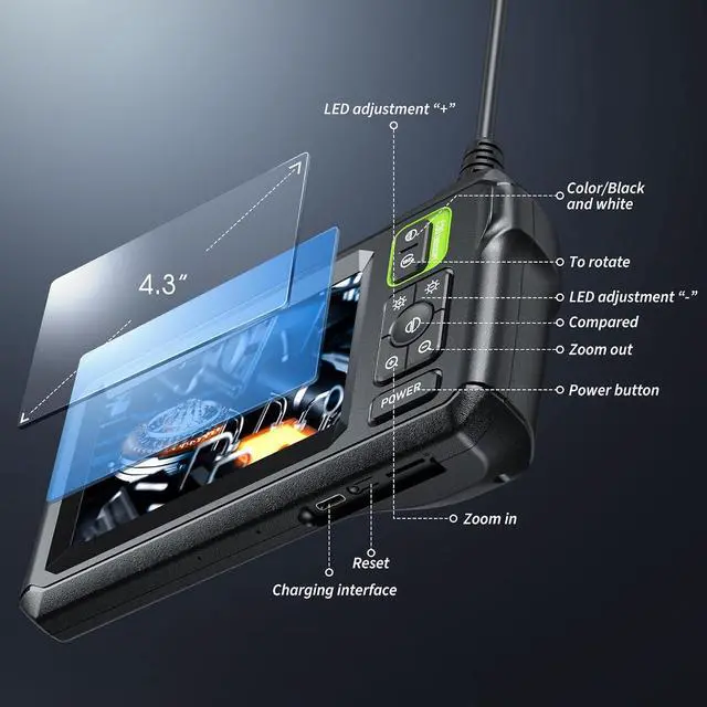 Alt view image 2 of 7 - Endoscope Camera with Light, Inspection Borescope Camera with 4.3" IPS Screen, 1920P HD with 8 LED Lights, 16.4FT Semi-Rigid Cord Bore Scope, IP67 Waterproof Endoscope for Sewer, Tools(Green)