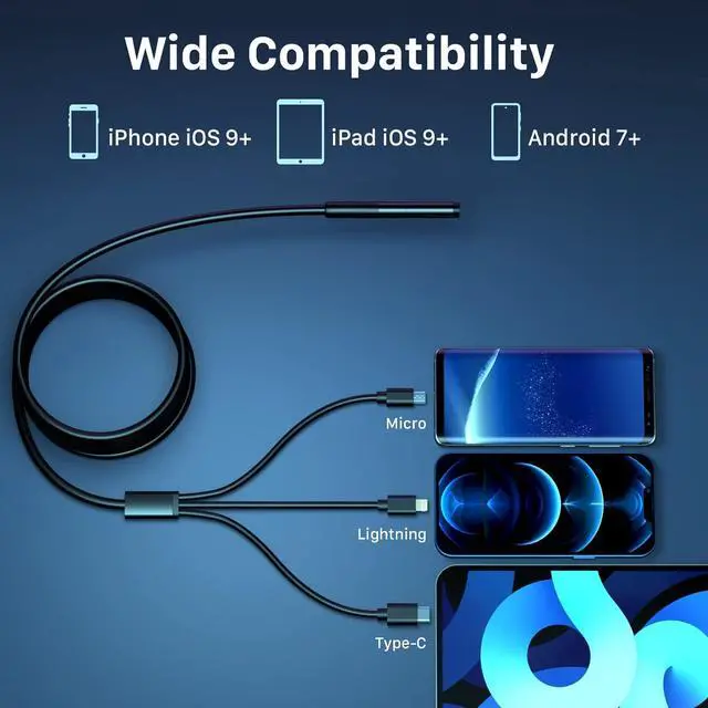 Alt view image 5 of 6 - Wireless Endoscope, Wi-Fi Industrial Borescope with 6 LED Lights, 7.9mm 3 in 1 USB Snake Camera, Waterproof IP67 Inspection Camera for OTG Android, iPhone (10ft, Type-C, Micro, Lightning)
