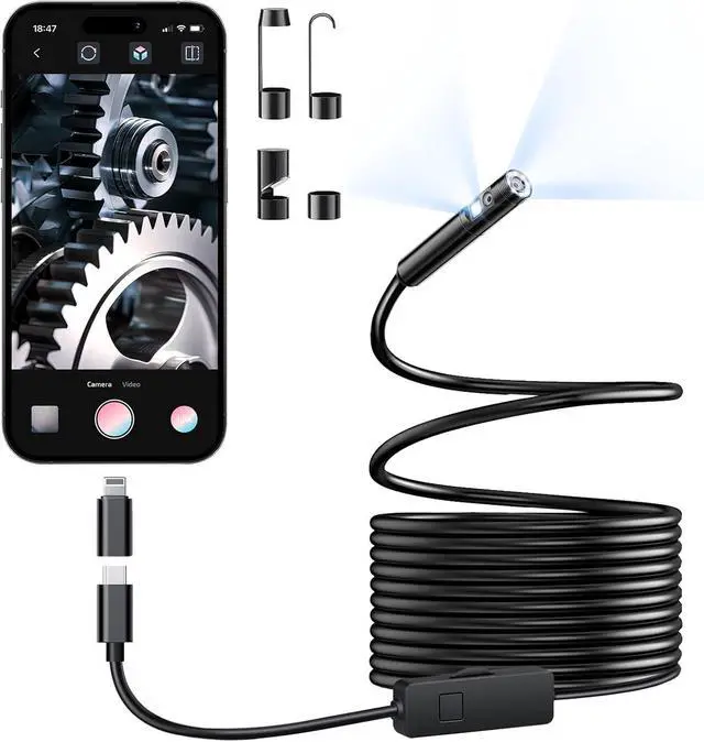 Main image of [Dual-Lens] Endoscope Camera with Light, 1920P HD Borescope with 8+1 Adjustable LED Lights, IP67 Waterproof 16.5FT Semi-Rigid Snake Cord Inspection Camera for iPhone, iPad and Android Phone (Type C)