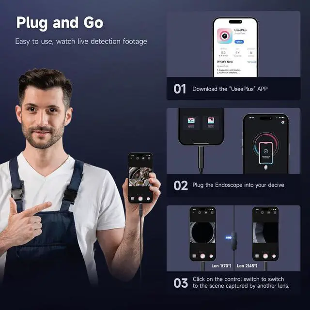 Alt view image 7 of 7 - [Dual-Lens] Endoscope Camera with Light, 1920P HD Borescope with 8+1 Adjustable LED Lights, IP67 Waterproof 16.5FT Semi-Rigid Snake Cord Inspection Camera for iPhone, iPad and Android Phone (Type C)