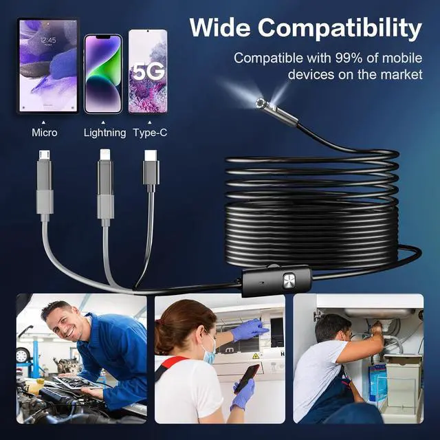 Alt view image 6 of 7 - Dual Lens Endoscope Camera with Light Borescope Inspection Camera with 8+1 Adjustable LED Lights1980P Endoscopes Camera with 16.5ft Semi Rigid Snake Camera IP68 Waterproof foriPhone iPad Android Phone