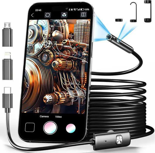 Main image of Dual Lens Endoscope Camera with Light Borescope Inspection Camera with 8+1 Adjustable LED Lights1980P Endoscopes Camera with 16.5ft Semi Rigid Snake Camera IP68 Waterproof foriPhone iPad Android Phone