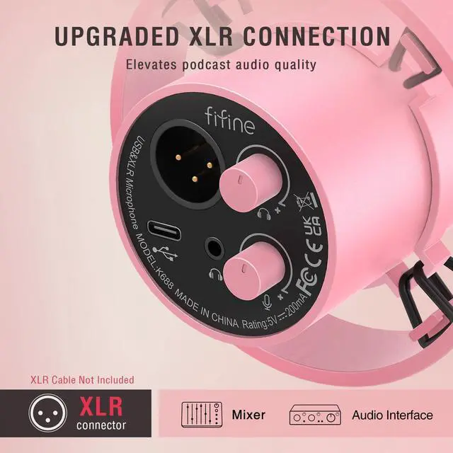 Alt view image 3 of 6 - FIFINE Dynamic Microphone, XLR/USB Podcast Recording PC Microphone for Vocal Voice-Over Streaming, Studio Metal Mic with Mute, Headphone Jack, Monitoring Volume Control, Windscreen-Amplitank Pink