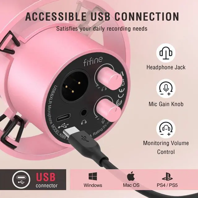 Alt view image 4 of 6 - FIFINE Dynamic Microphone, XLR/USB Podcast Recording PC Microphone for Vocal Voice-Over Streaming, Studio Metal Mic with Mute, Headphone Jack, Monitoring Volume Control, Windscreen-Amplitank Pink