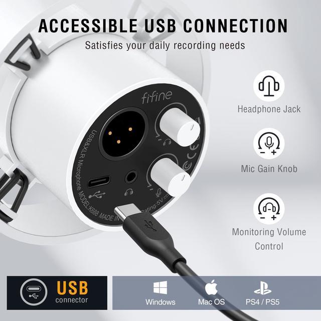 Alt view image 4 of 6 - FIFINE Dynamic Microphone, XLR/USB Podcast Recording PC Microphone for Vocal Voice-Over Streaming, Studio Metal Mic with Mute, Headphone Jack, Monitoring Volume Control, Windscreen-Amplitank White