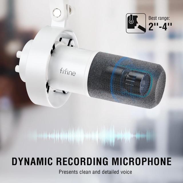 Alt view image 2 of 6 - FIFINE Dynamic Microphone, XLR/USB Podcast Recording PC Microphone for Vocal Voice-Over Streaming, Studio Metal Mic with Mute, Headphone Jack, Monitoring Volume Control, Windscreen-Amplitank White