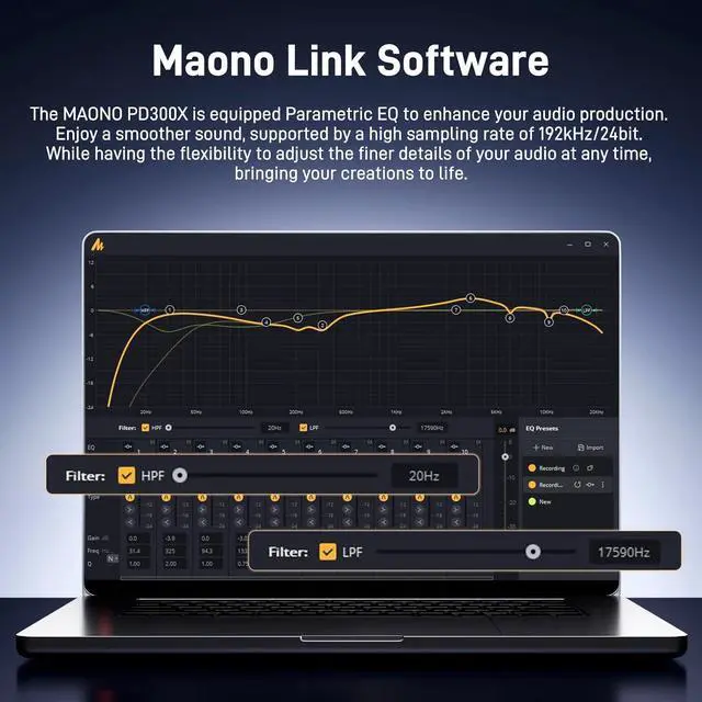 Alt view image 4 of 7 - MAONO Dynamic Microphone-XLR USB Podcast Recording Mic: for Vocal Recording, Content Creation, Home Studio, Voiceover, with 192kHz/24bit, Noise Reduction, Mic Gain, Monitoring, Mute