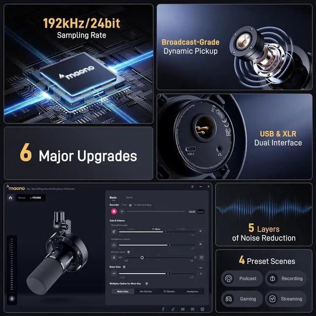 Alt view image 2 of 7 - MAONO Dynamic Microphone-XLR USB Podcast Recording Mic: for Vocal Recording, Content Creation, Home Studio, Voiceover, with 192kHz/24bit, Noise Reduction, Mic Gain, Monitoring, Mute