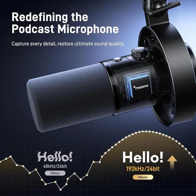 Alt view image 3 of 7 - MAONO Dynamic Microphone-XLR USB Podcast Recording Mic: for Vocal Recording, Content Creation, Home Studio, Voiceover, with 192kHz/24bit, Noise Reduction, Mic Gain, Monitoring, Mute