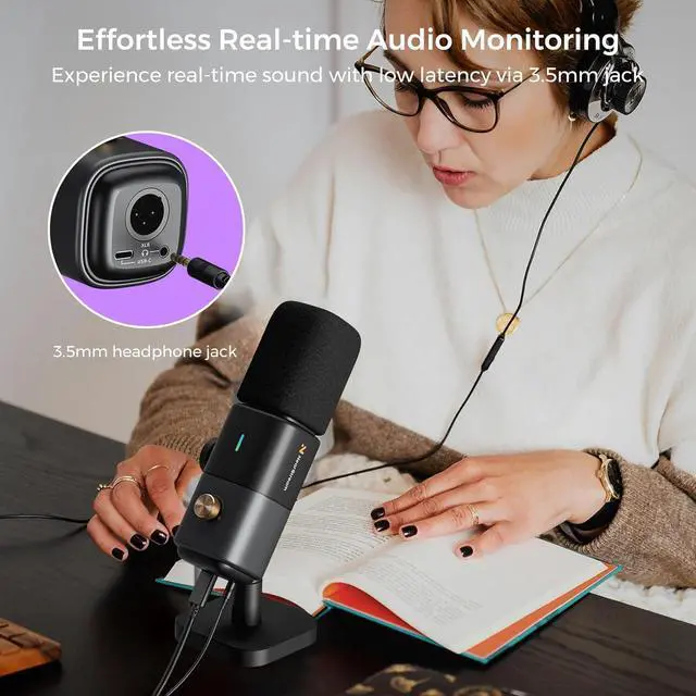 Alt view image 6 of 7 - XLR/USB Podcast Microphone for Recording/Gaming/Streaming, Professional Studio Microphone with Desktop Stand, Mute Button, Headphone Jack, Dynamic Microphone for PC/Audio Interface