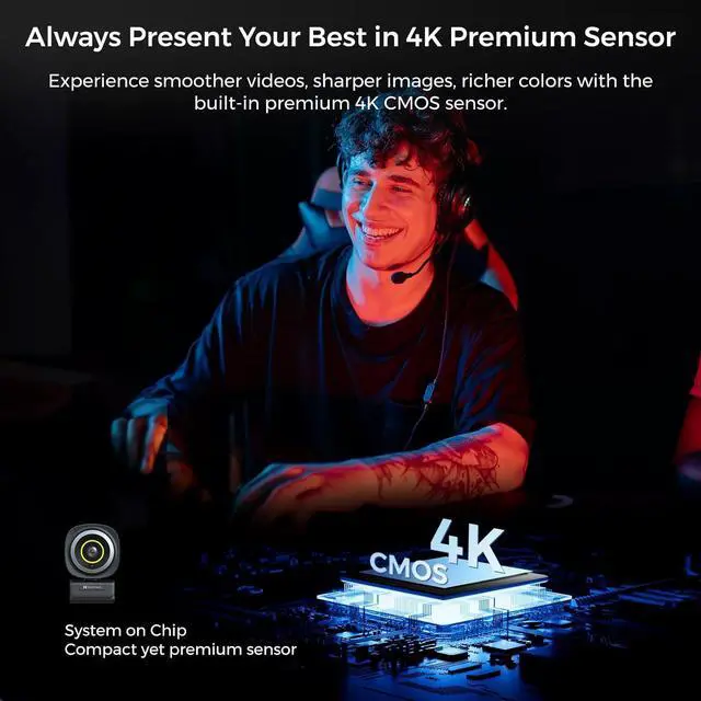 Alt view image 2 of 7 - 4K Webcam for PC, HDR 1080P 60FPS Streaming Webcam with Noise Canceling Mic, Software Control, 45°-95°Adjustable FOV, Auto Focus, AI Framing, Works with Google Meet/Zoom/Skype