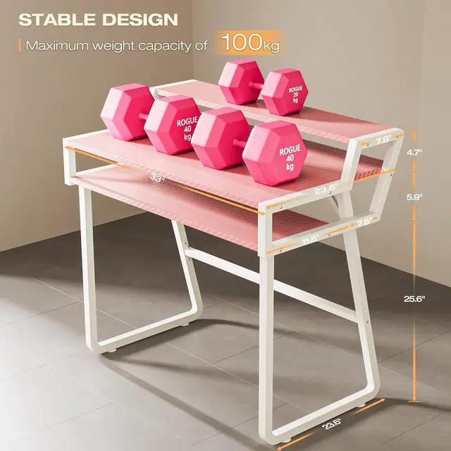 Alt view image 3 of 5 - Gaming Computer Desk, 33 Inch Ergonomic Home Office Desk with 3-Tier Design, Large Carbon Fiber Surface, 1mm Steel Tube Frame, Cup Holder, and Headphone Hook  Pink
