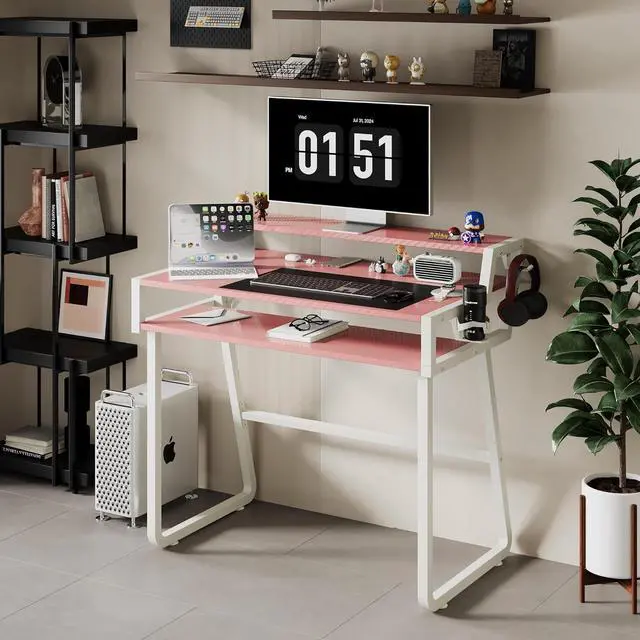 Alt view image 5 of 5 - Gaming Computer Desk, 33 Inch Ergonomic Home Office Desk with 3-Tier Design, Large Carbon Fiber Surface, 1mm Steel Tube Frame, Cup Holder, and Headphone Hook  Pink