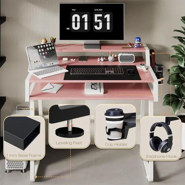 Alt view image 2 of 5 - Gaming Computer Desk, 33 Inch Ergonomic Home Office Desk with 3-Tier Design, Large Carbon Fiber Surface, 1mm Steel Tube Frame, Cup Holder, and Headphone Hook  Pink