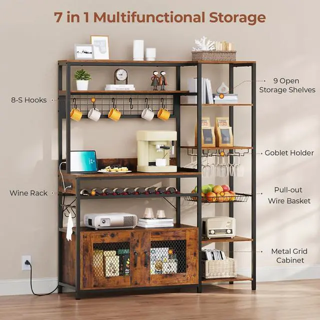 Alt view image 5 of 7 - Bakers Rack with Power Outlet, 47.2in Microwave Stand with Storage Shelves, Coffee Bar with Cabinet, Kitchen Pantry Hutch, Side Hooks, Wine Rack, Goblet Holder, Wire Basket (Brown, Medium)