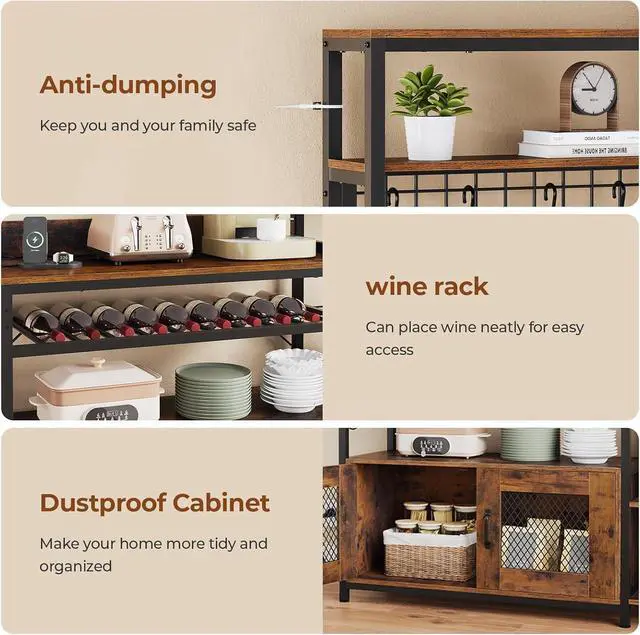 Alt view image 4 of 7 - Bakers Rack with Power Outlet, 47.2in Microwave Stand with Storage Shelves, Coffee Bar with Cabinet, Kitchen Pantry Hutch, Side Hooks, Wine Rack, Goblet Holder, Wire Basket (Brown, Medium)