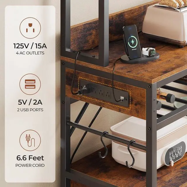 Alt view image 3 of 7 - Bakers Rack with Power Outlet, 47.2in Microwave Stand with Storage Shelves, Coffee Bar with Cabinet, Kitchen Pantry Hutch, Side Hooks, Wine Rack, Goblet Holder, Wire Basket (Brown, Medium)