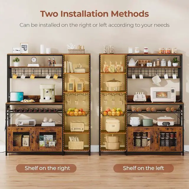 Alt view image 6 of 7 - Bakers Rack with Power Outlet, 47.2in Microwave Stand with Storage Shelves, Coffee Bar with Cabinet, Kitchen Pantry Hutch, Side Hooks, Wine Rack, Goblet Holder, Wire Basket (Brown, Medium)